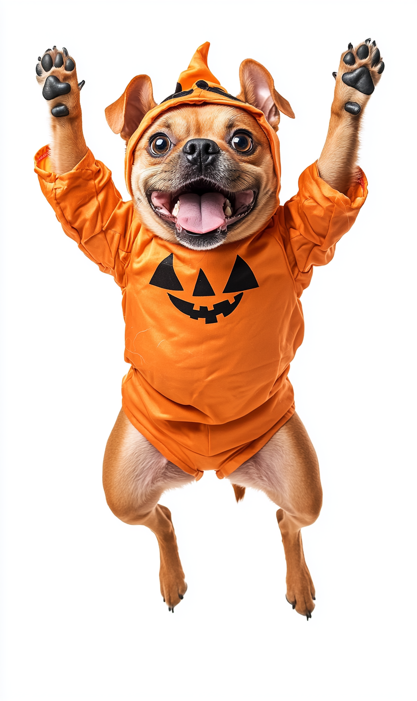 Chubby dog in Halloween costume jumps happily.