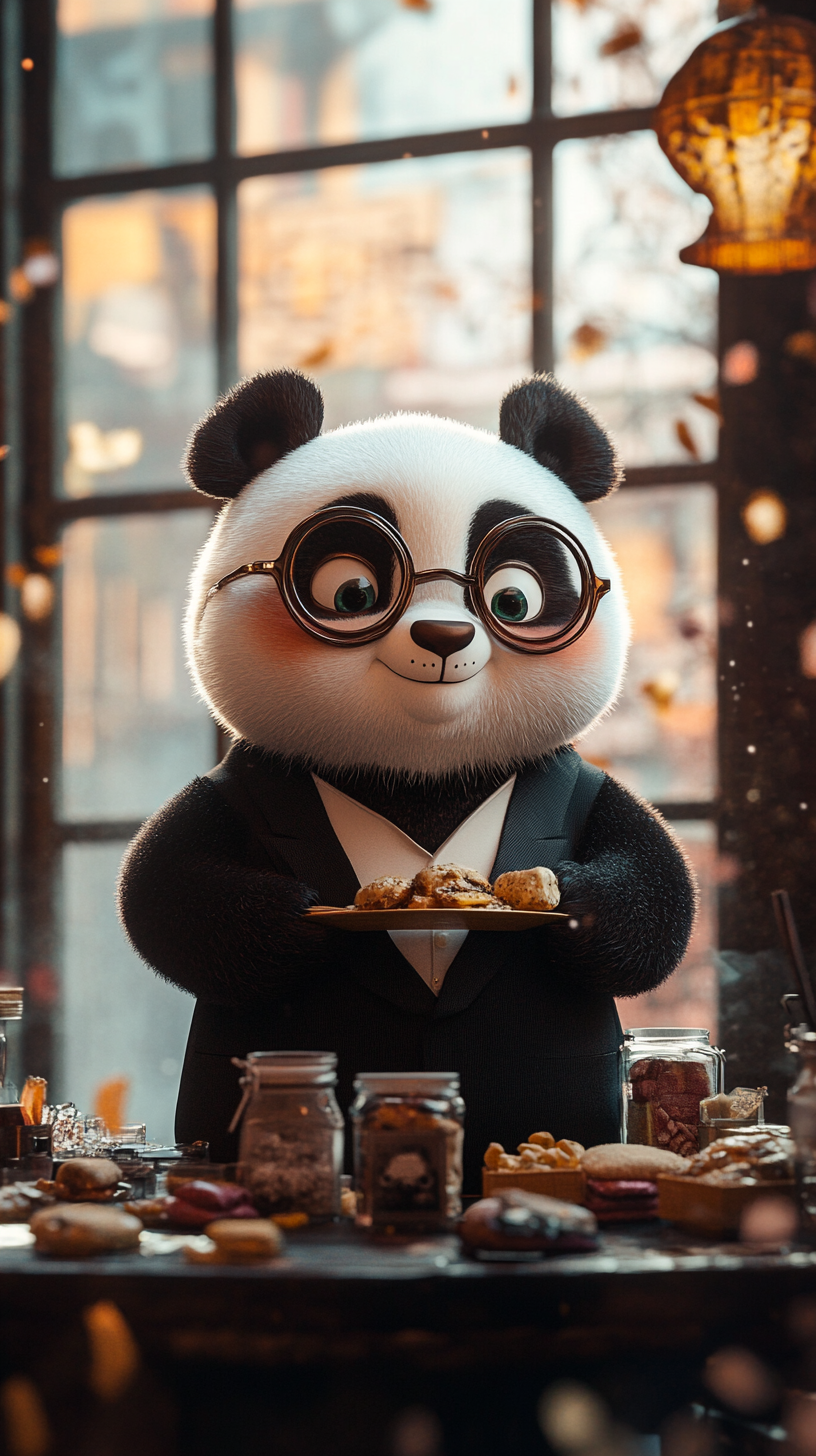 Chubby panda in black suit, clumsy, loves snacks.