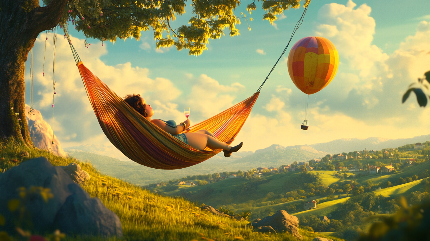 Chubby woman in balloon hammock against lush landscape