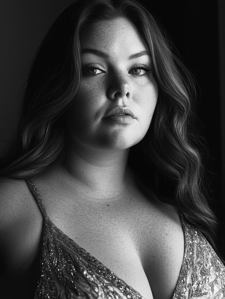 Chubby woman in elegant evening dress portrait. Canon EOS-1D X Mark III camera. Monochrome.