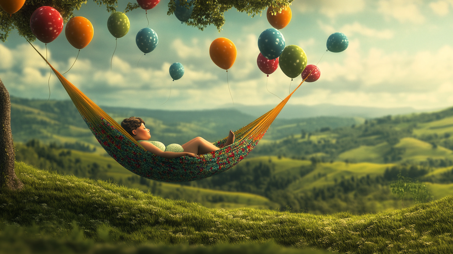 Chubby woman relaxes in hammock held by colorful balloons