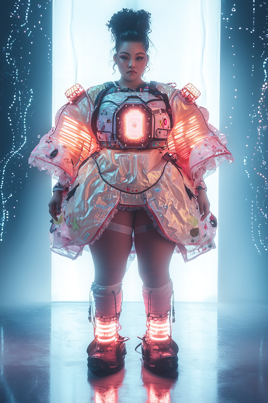 Chubby woman wears futuristic harajuku outfit in photo.