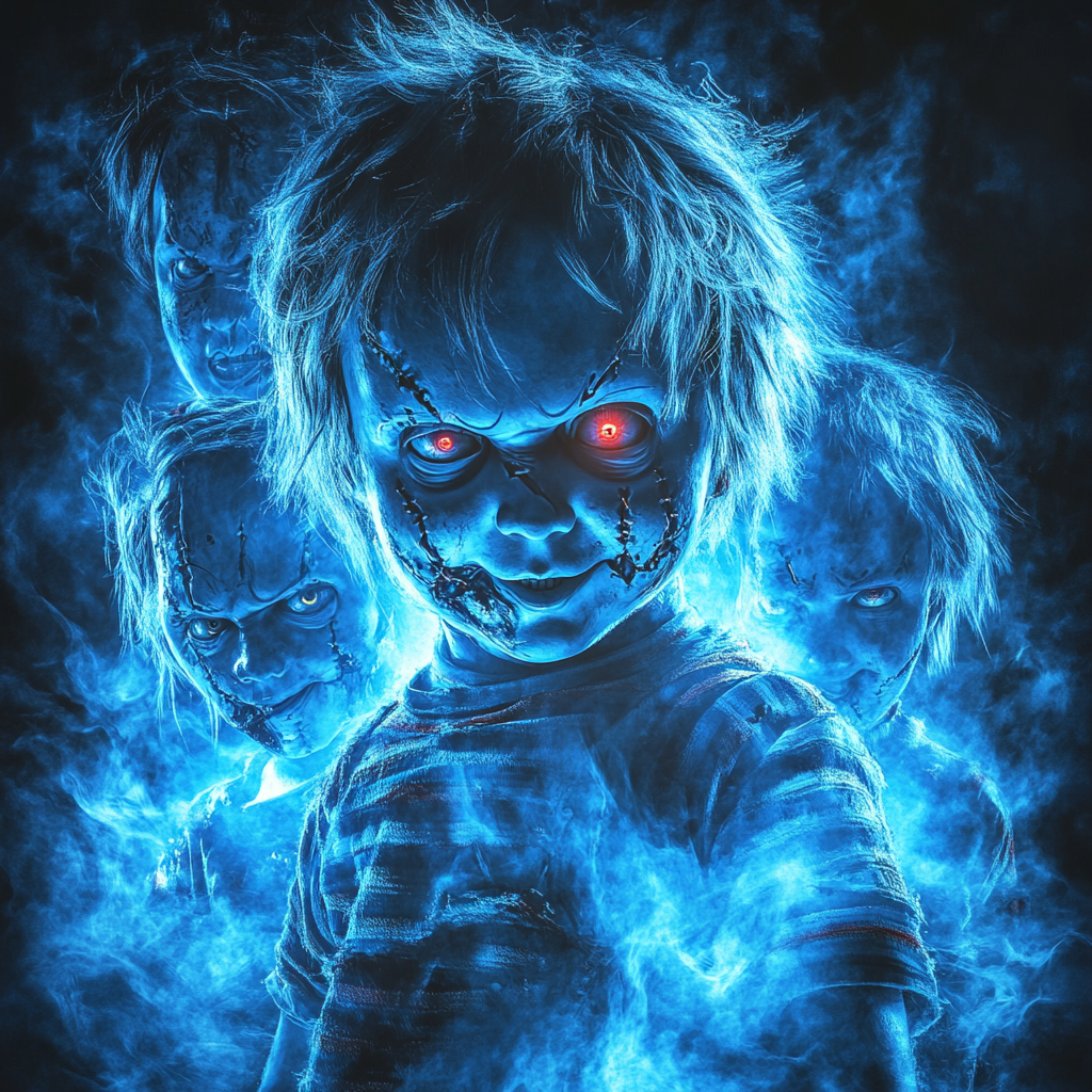 Chucky dolls in menacing poses, eerie composition with blue filter.