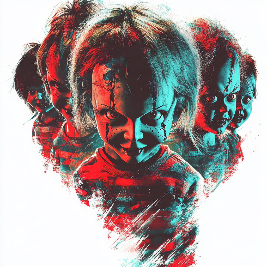 Chucky dolls in menacing poses with blue filter effect.