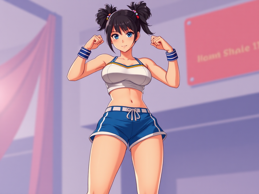 Chun-Li wearing shorts in anime style.