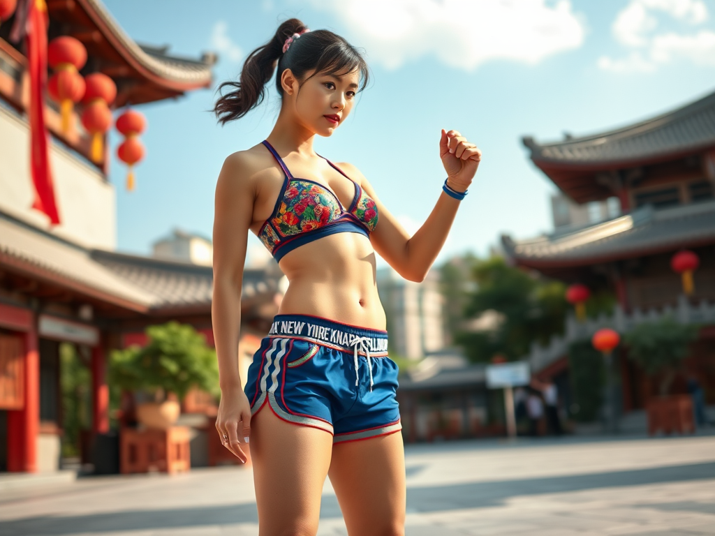 Chun-li is wearing denim shorts.