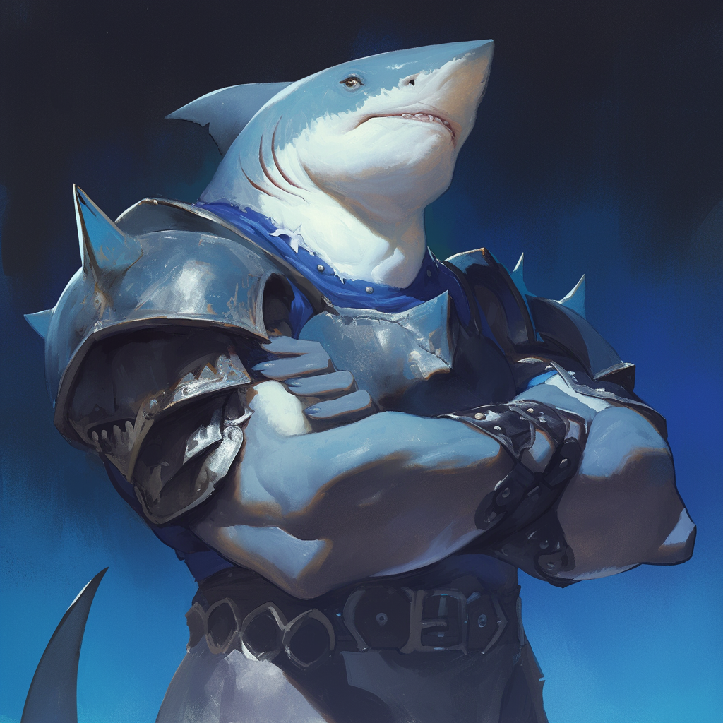 Chunky Shark in Dark Blue Armor, HD Anime Style