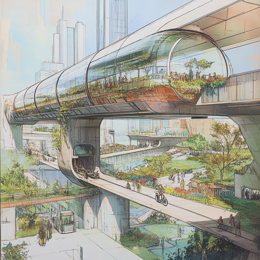 Cincinnati expanded with technology and innovative design in 2050. Solarpunk theme, monorail, community space. Sketch style.