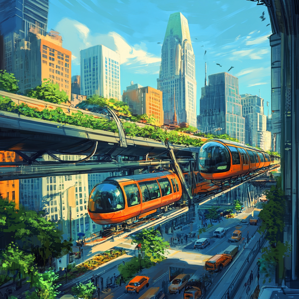 Cincinnati in 2050: tech, design, solarpunk theme, monorail/bike path, less traffic.