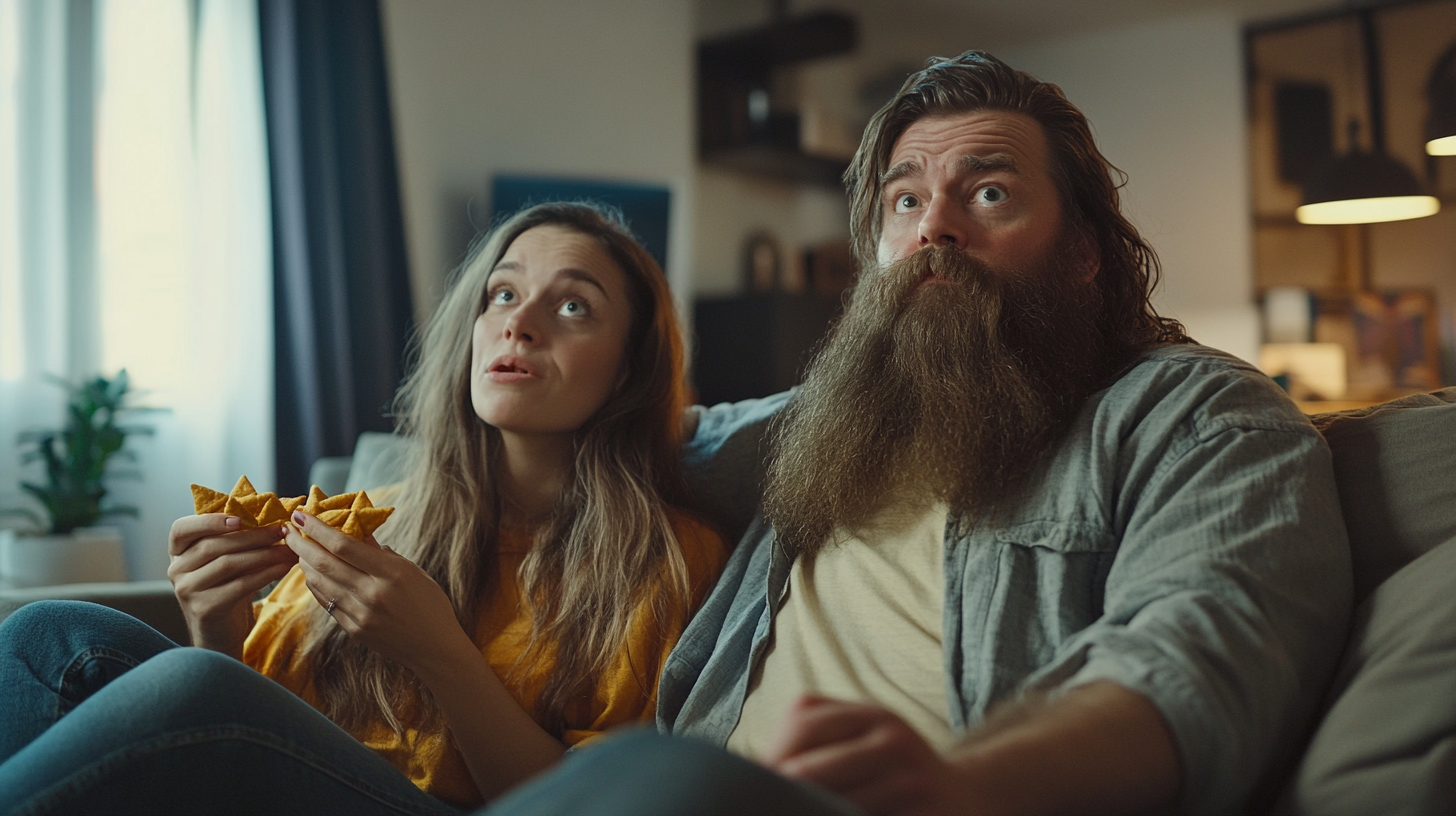 Cinematic 4K Guy Ritchie Style: Bearded couple snacking