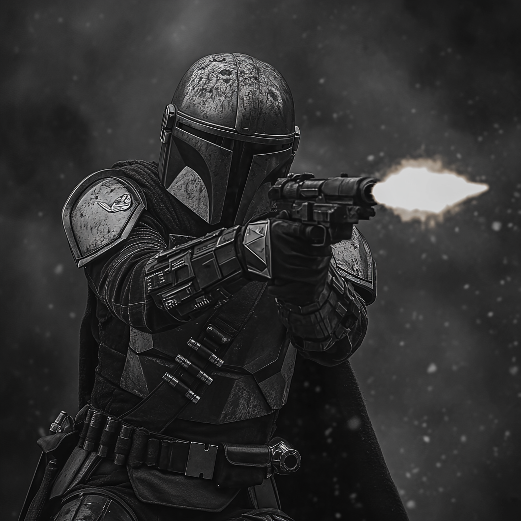 Cinematic Mandalorian with blaster, realistic digital art 