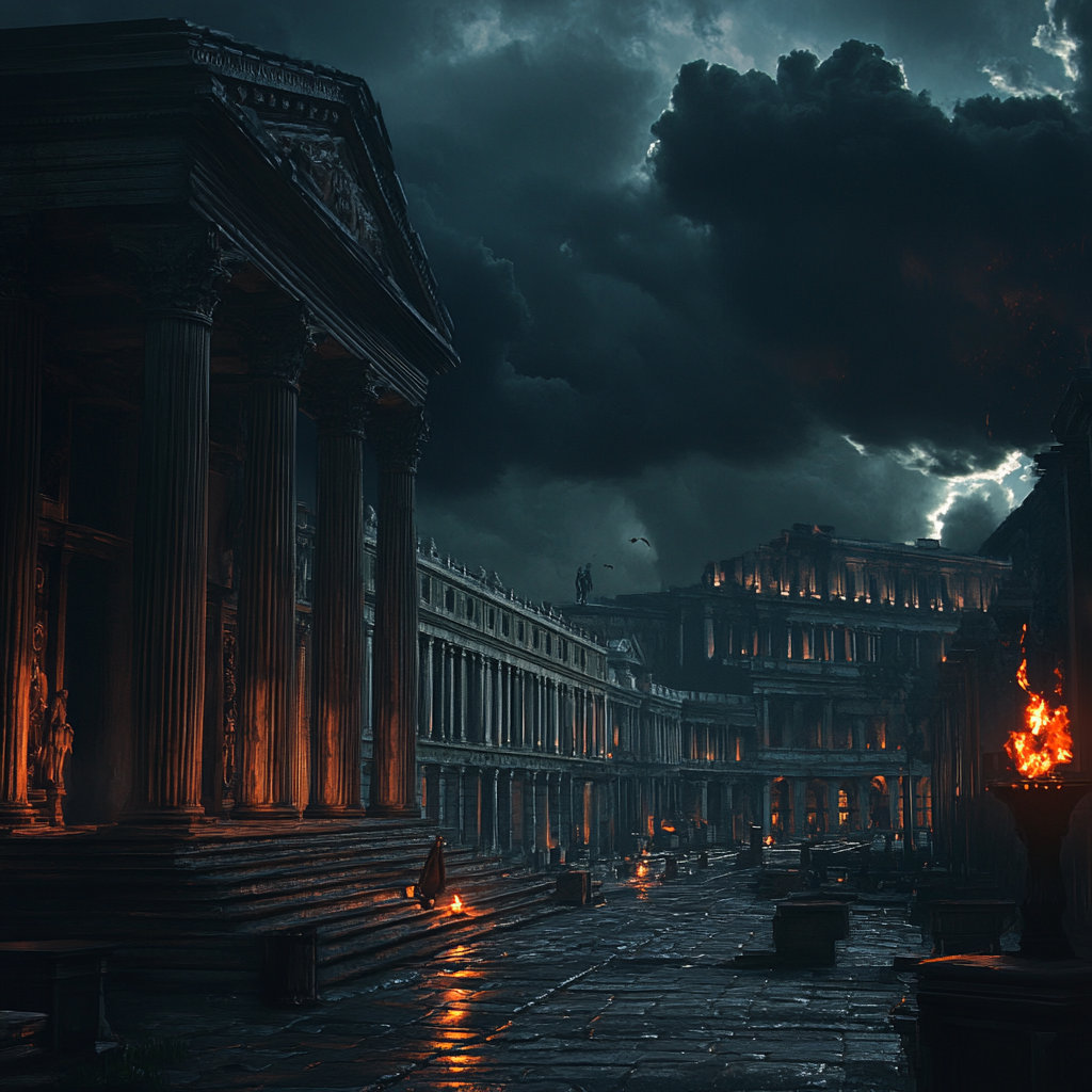 Cinematic Rome Dusk Prophecy Ominous Figure Storm Clouds 8k