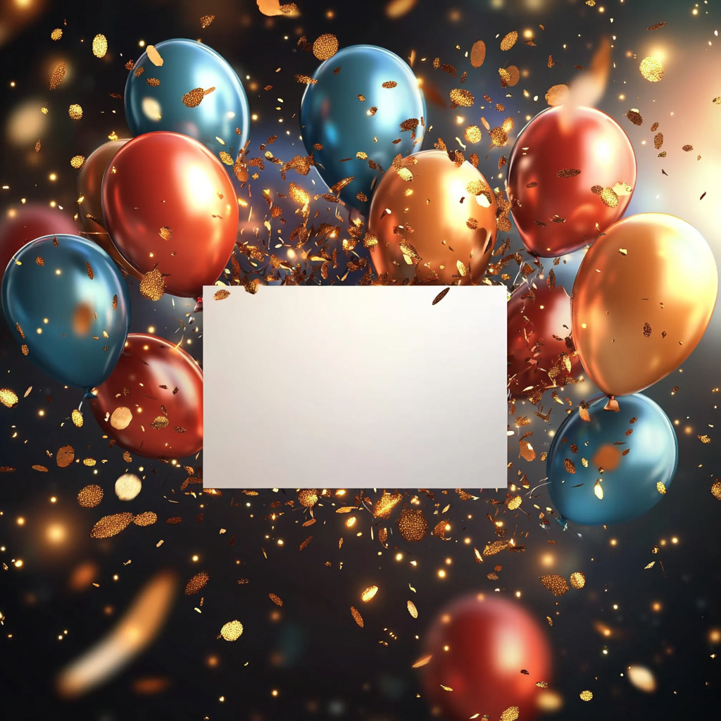 Cinematic White Card with Gold Confetti and Colorful Balloons