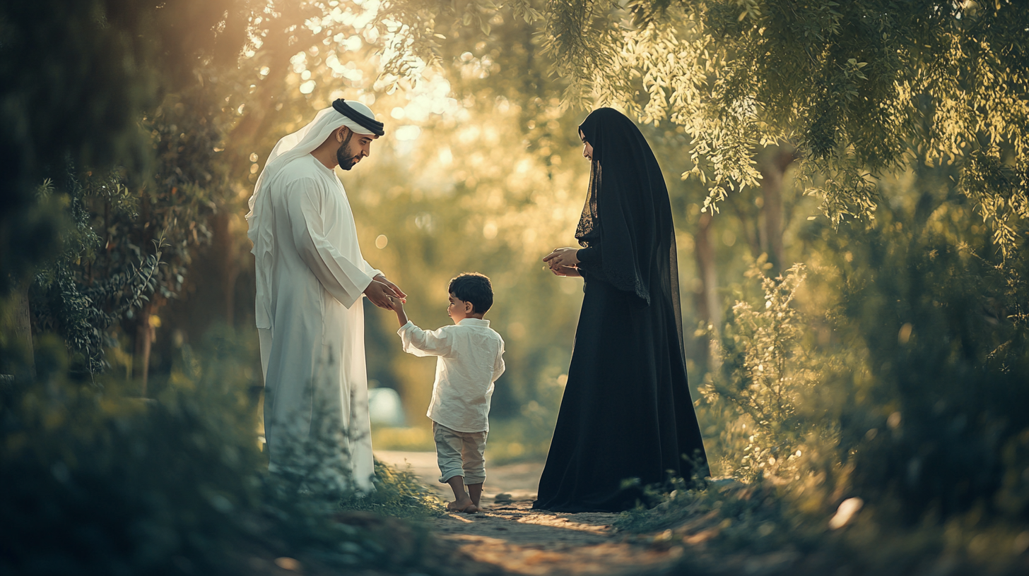 Cinematic Wide View of Arab Family in Garden