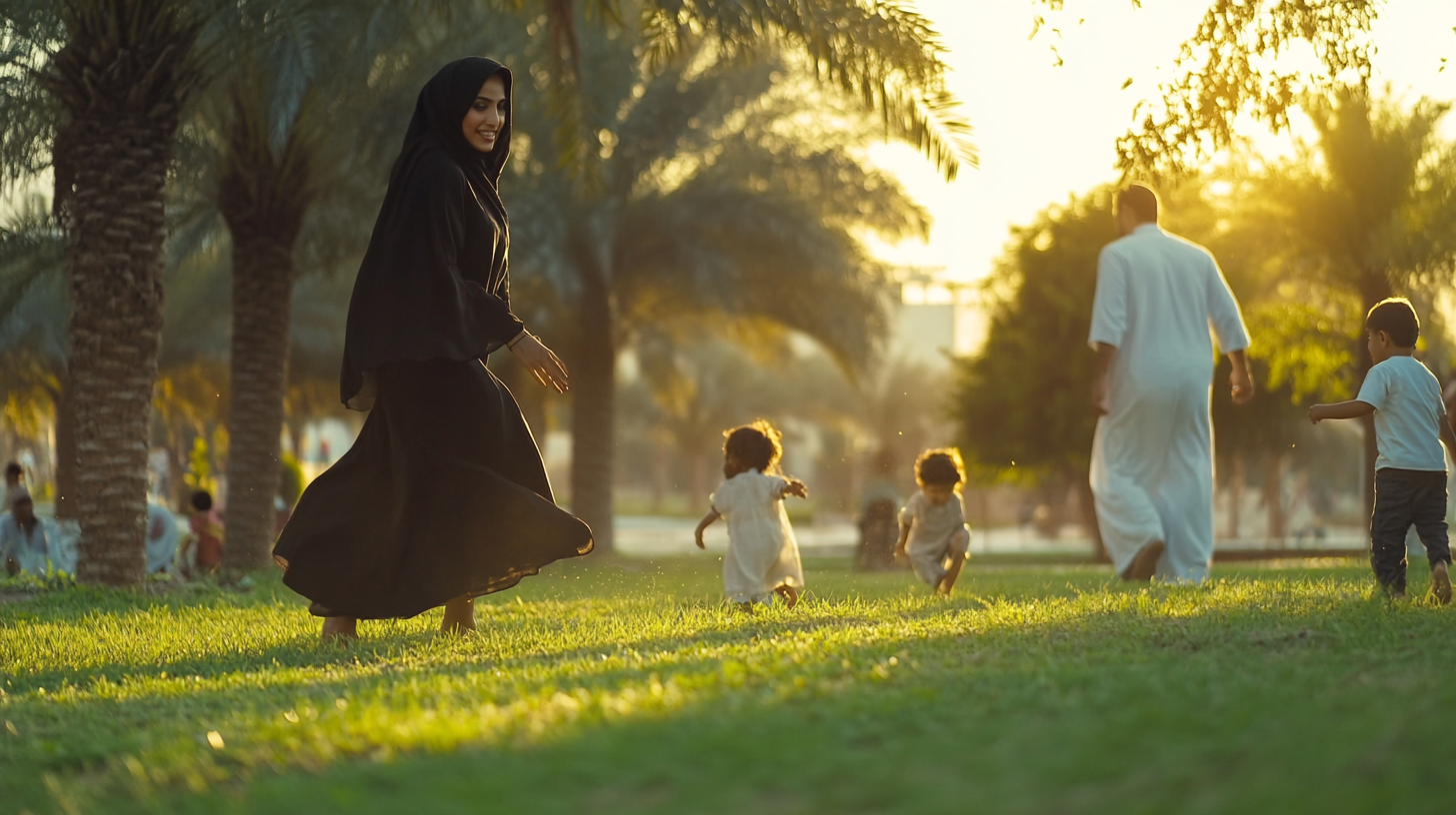 Cinematic Wide View of Arab Family in Public Park.