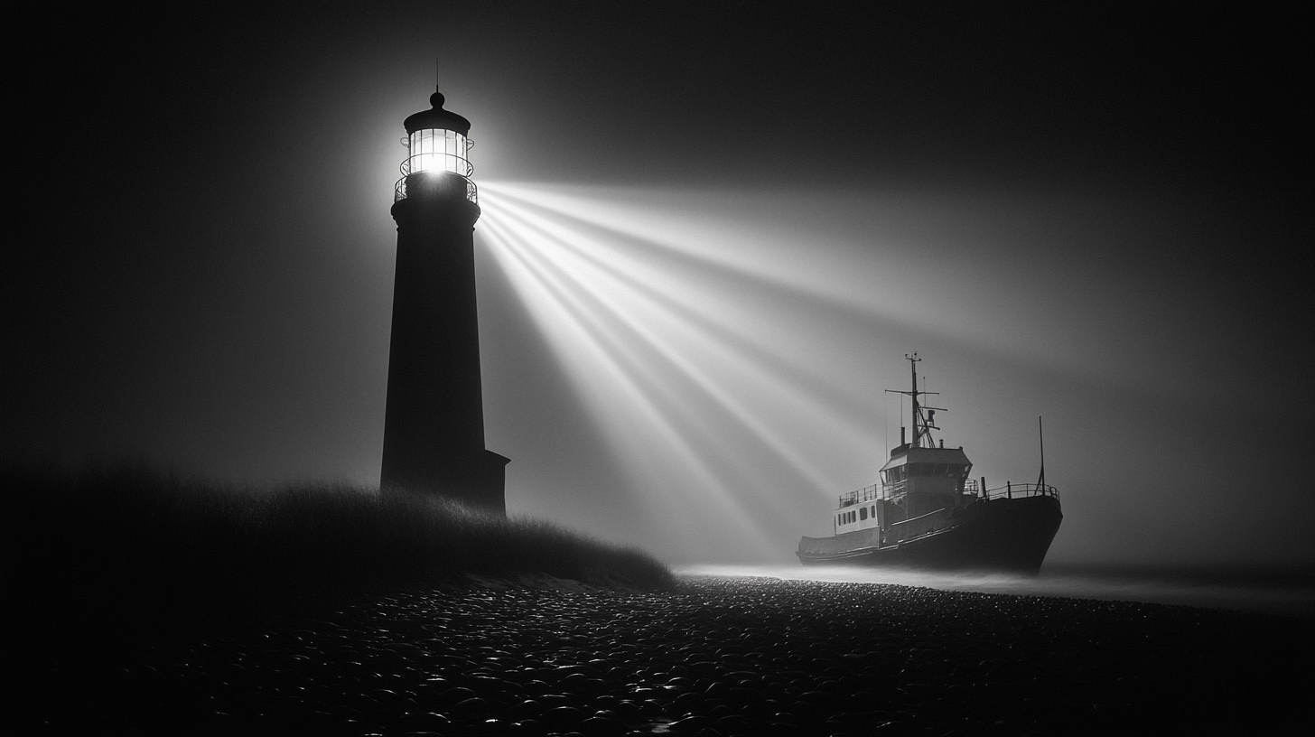 Cinematic black and white lighthouse illuminating ship.