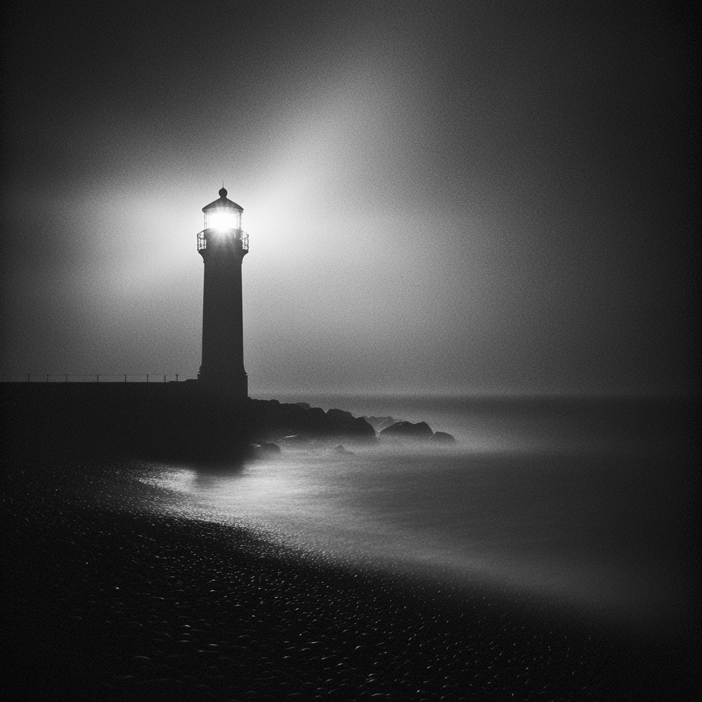 Cinematic black and white lighthouse on beach.