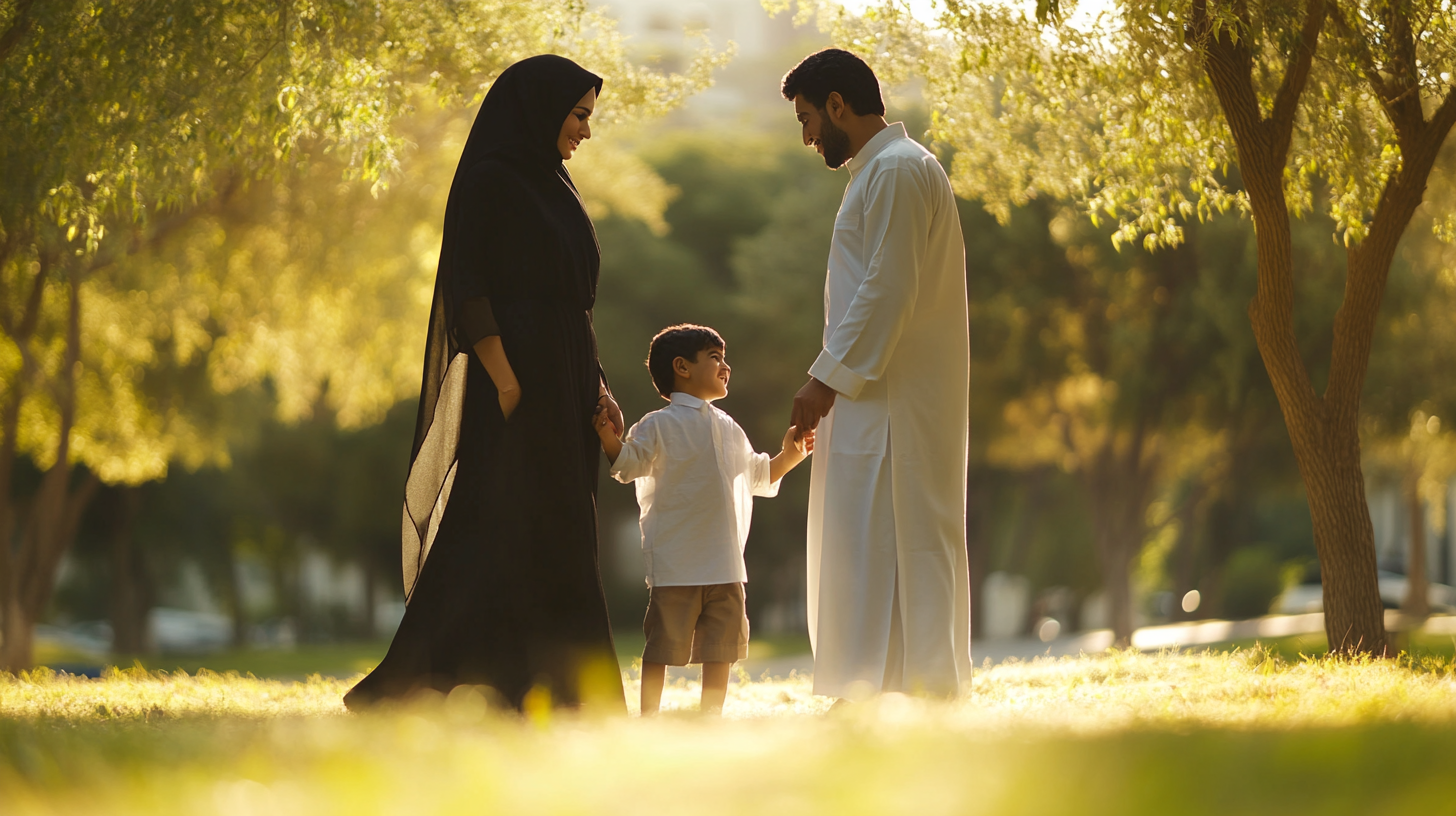 Cinematic family portrait in public park, Arab attire.