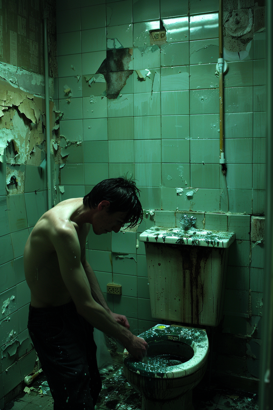 Cinematic grimy bathroom scene with determined young man