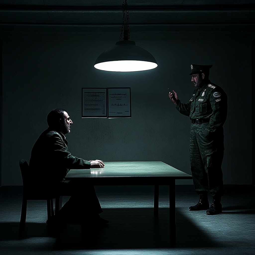 Cinematic interrogation scene with shadowy figure and military officer.