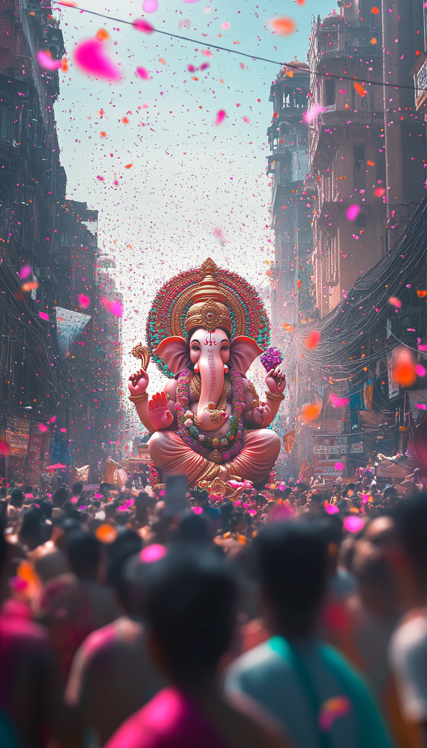 Cinematic scene of big crowd celebrating Ganesh Chaturthi.