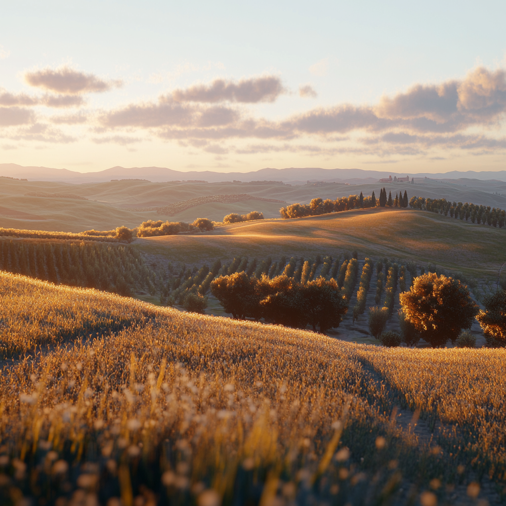 Cinematic shot of Crete Senesi with soft lighting.