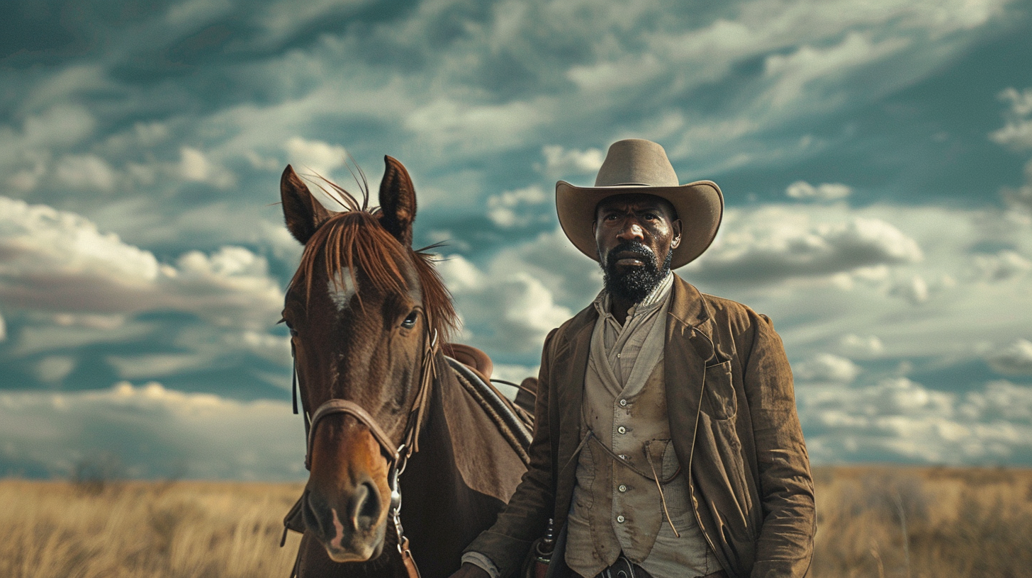 Cinematic style photo of Black man and horse.