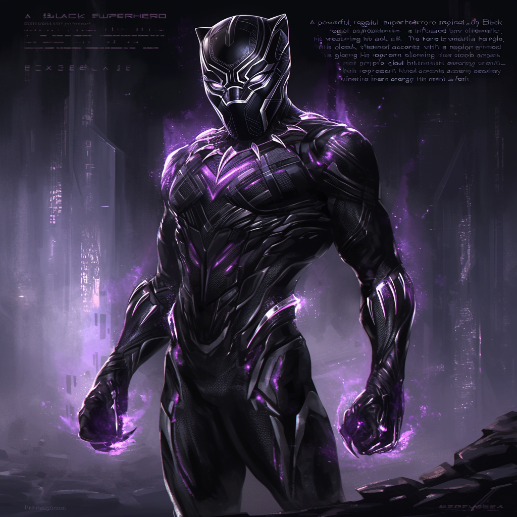 Cinematic superhero in black suit, glowing purple accents, Wakandan.