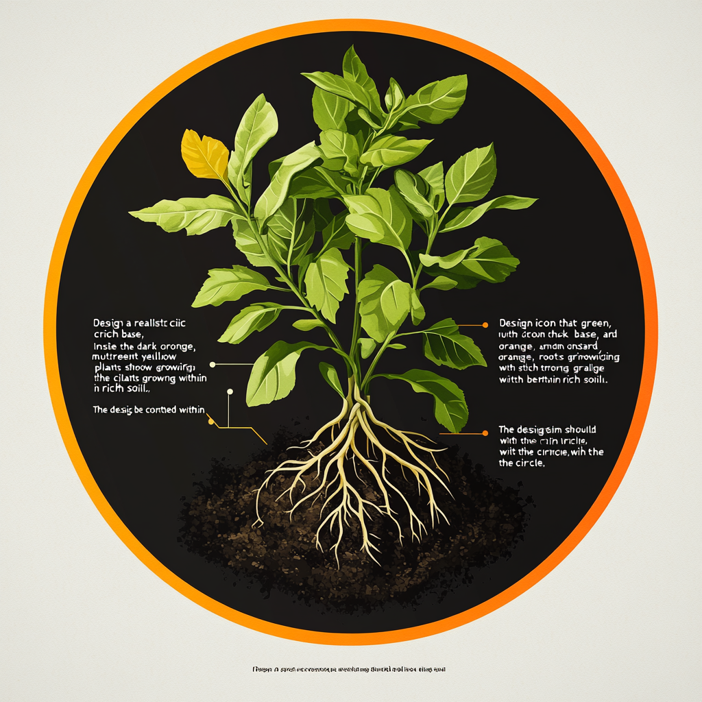 Circle icon representing nutrient-rich base, plant with strong roots.