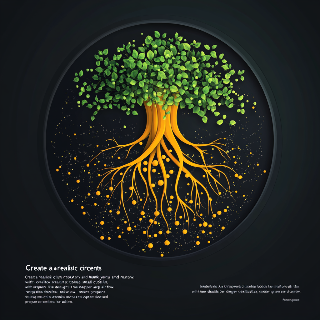 Circle icon with aeration boosters, roots and air bubbles.