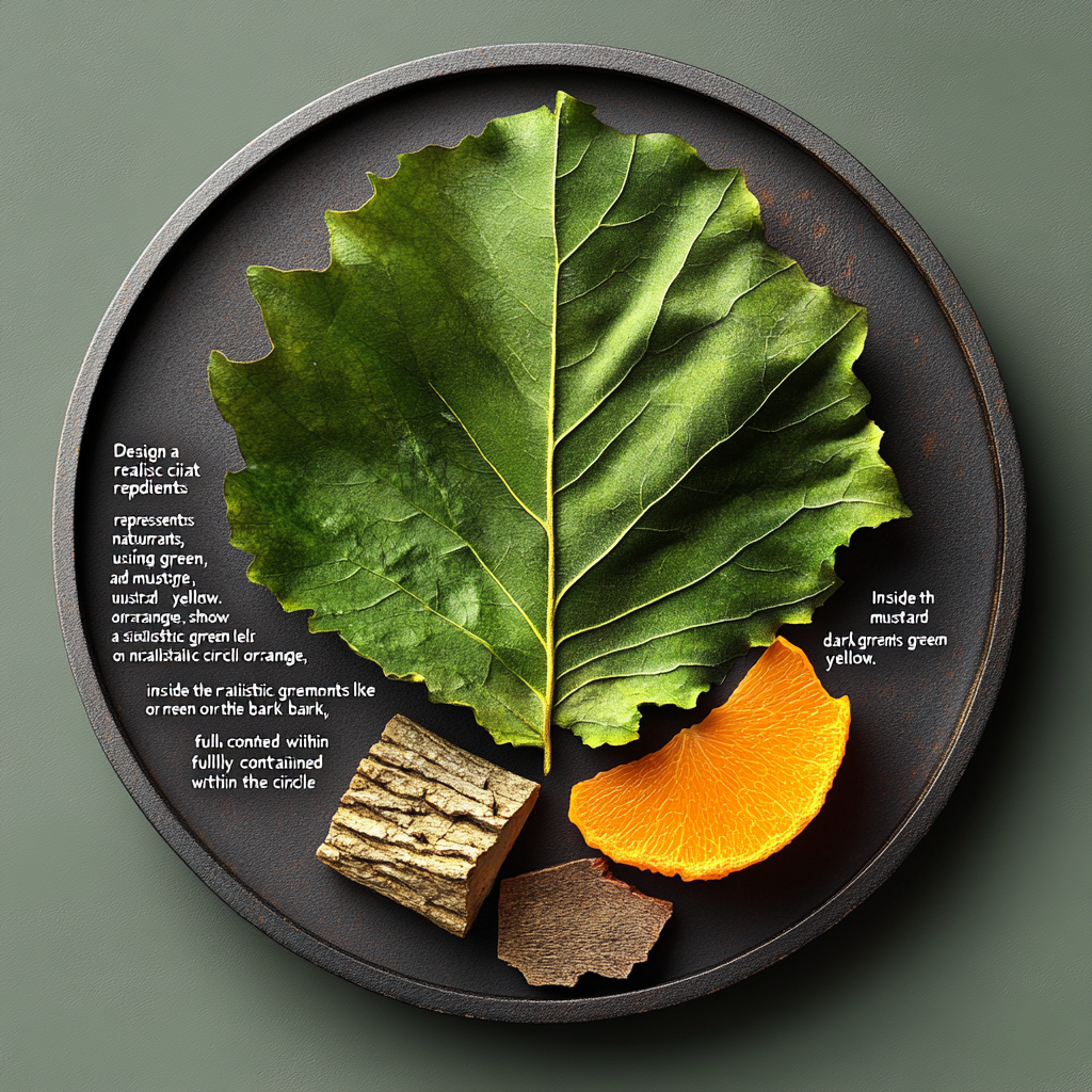 Circle icon with green leaf in dark green, orange, mustard.