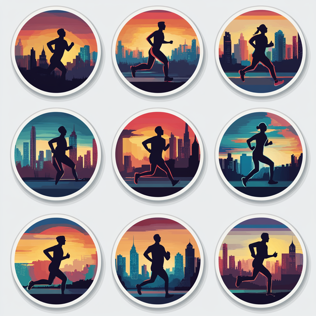 Circular Badges for Runners with Cityscape Background, Nylon & Cotton Stickers