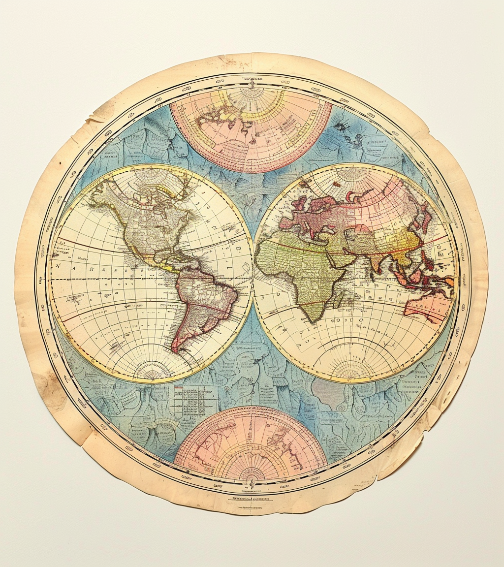 Circular antique world map in pastel colors on white.