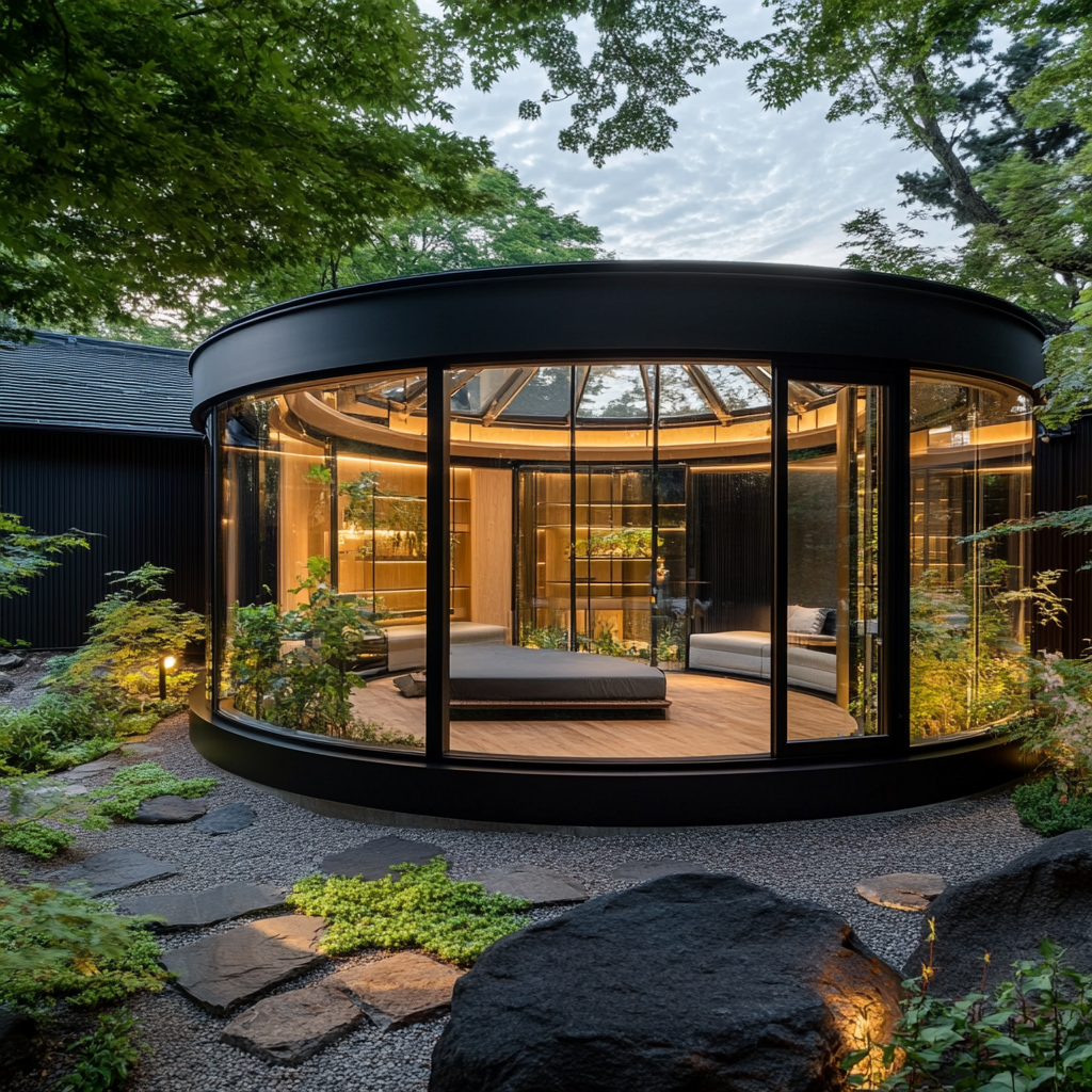 Circular glass room with indoor garden, modern cabin outside.