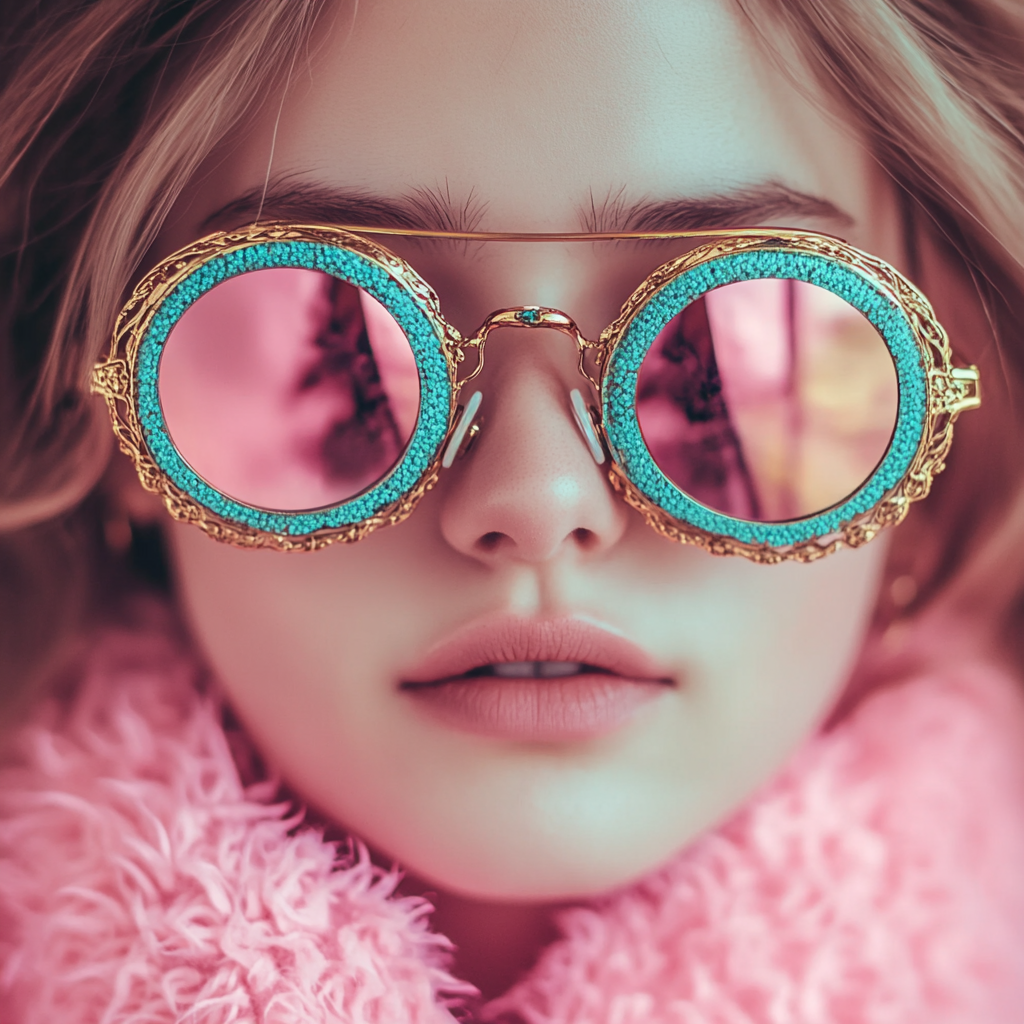 Circular glasses with rose lenses, detailed magical bohemian design