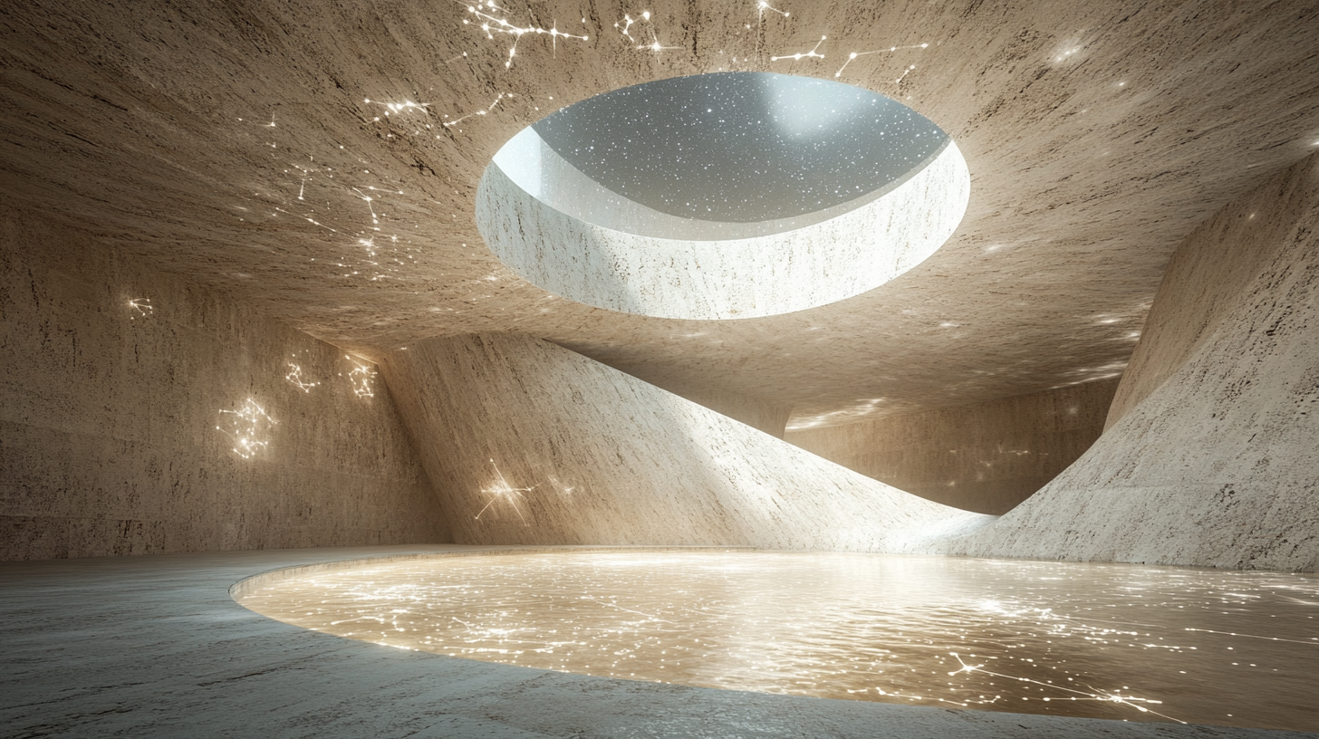 Circular limestone room with sand floor and carved constellations.