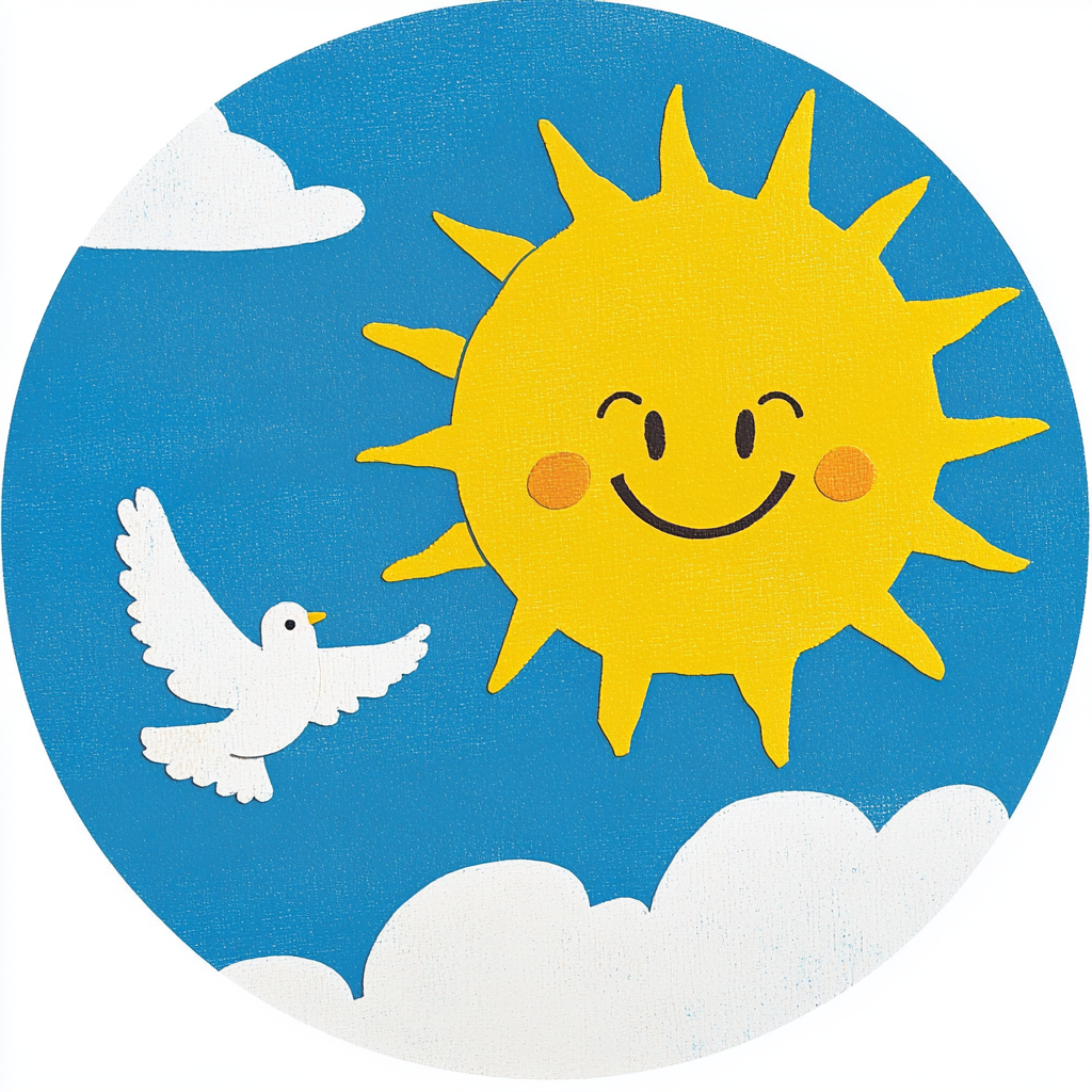 Circular logo with yellow sun, smiley face, white dove.