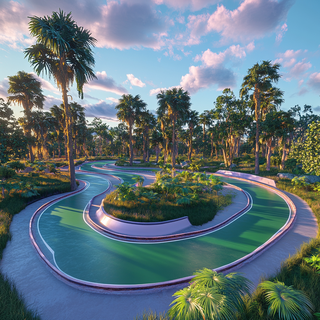 Circular roller derby rink with green track, swamp surroundings.