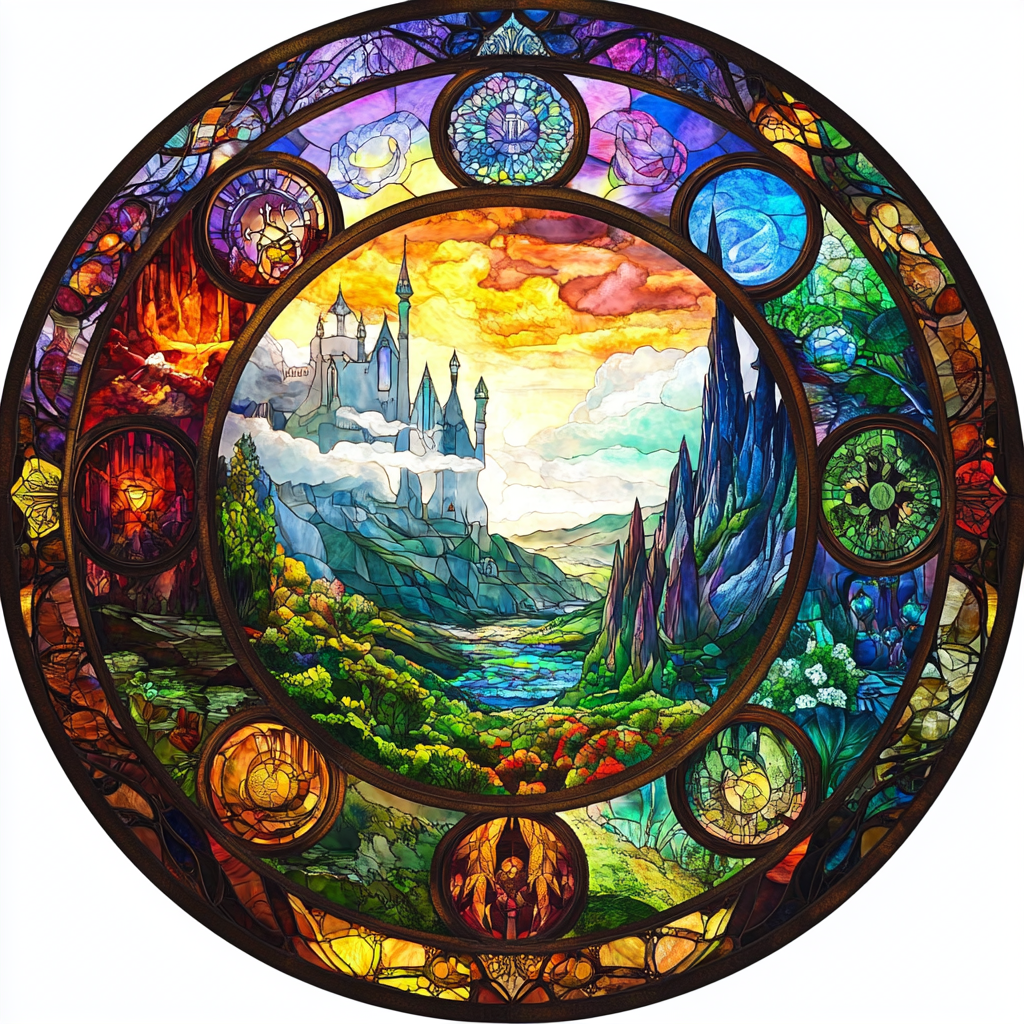 Circular stained glass window with vibrant rainbow colors, intricate designs.