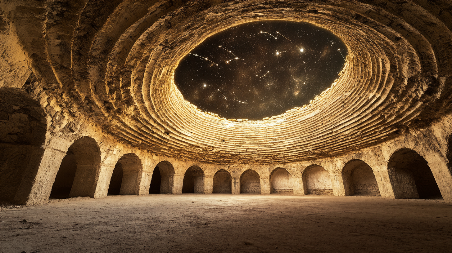 Circular stone room with sand floor and star carvings.