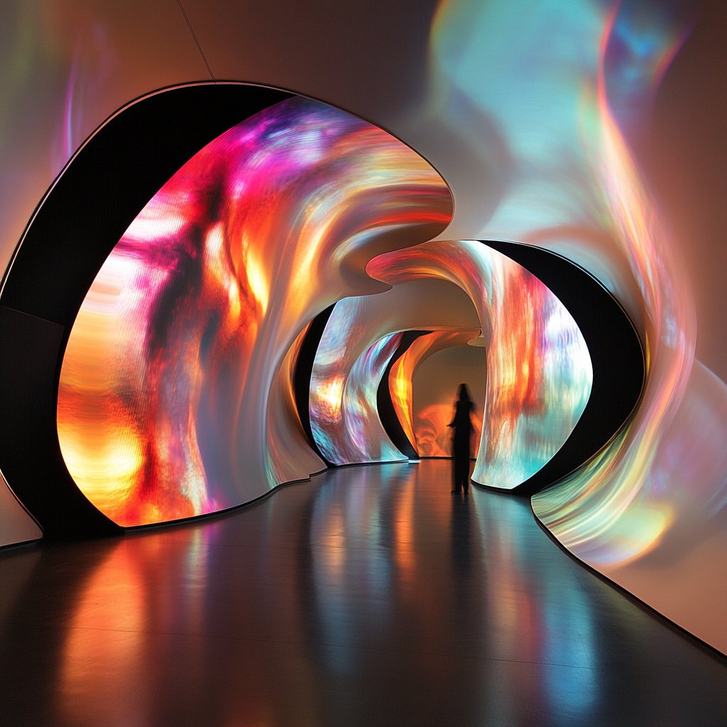 Circular structure with spandex screen, colorful light patterns interacting.