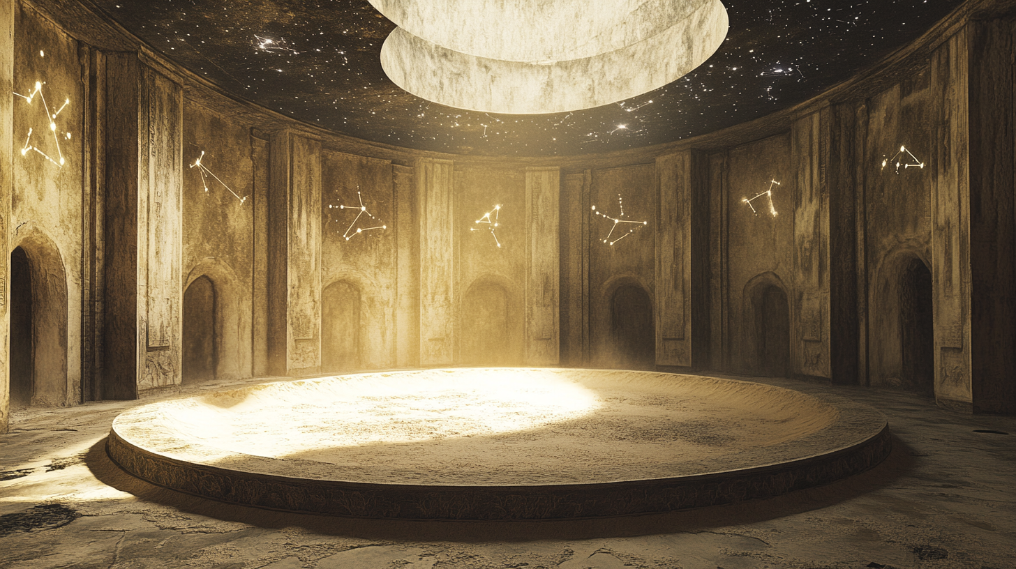 Circular temple room with sand, stone walls and constellations.