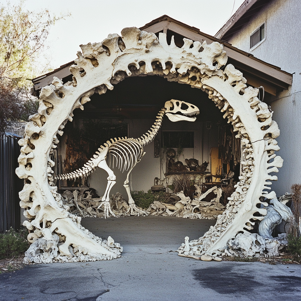 Circular tunnel with dodo bird skeleton and dinosaur bones.