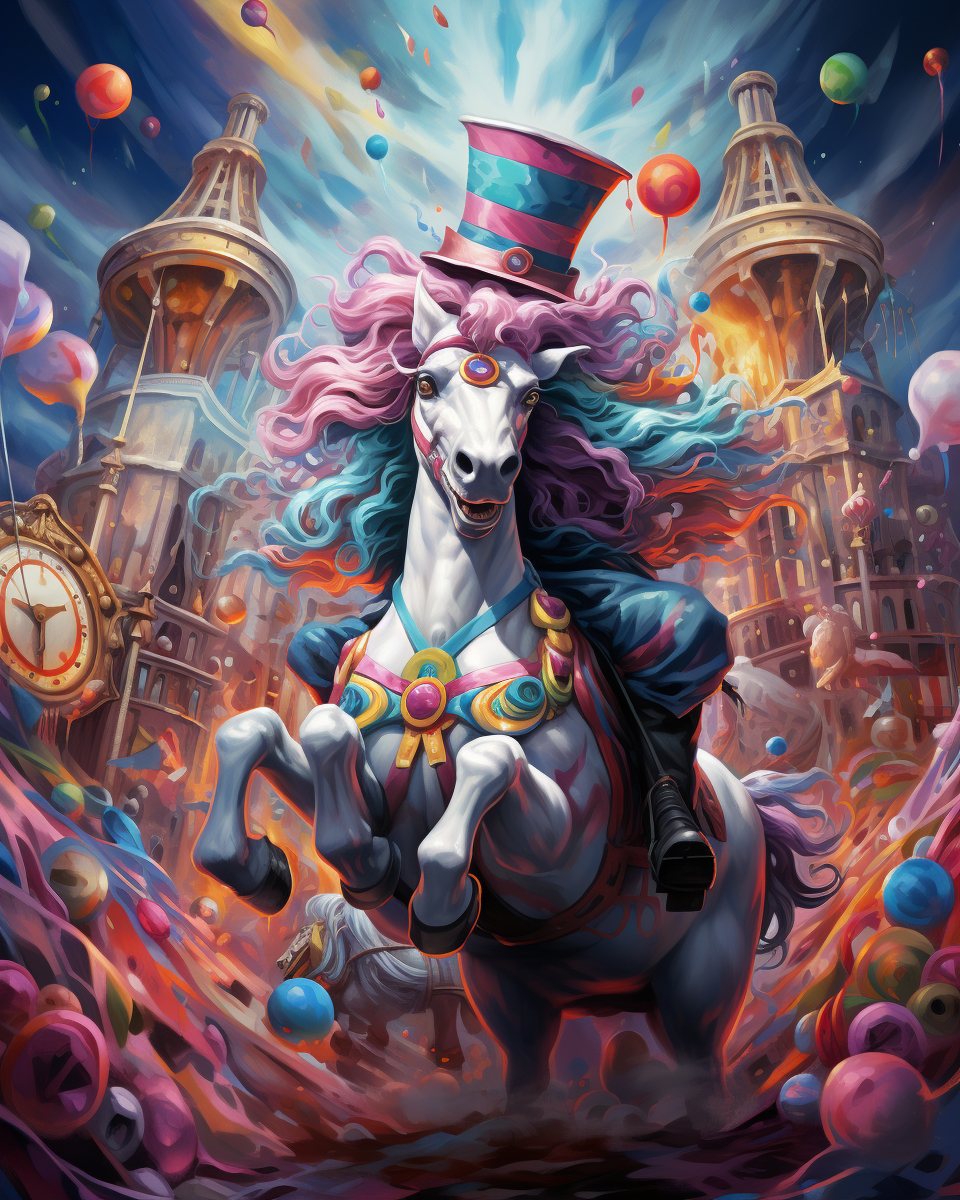 Circus Carousel Horse and Fantasy Clown Sky Environment