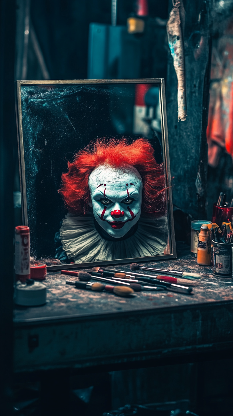 Circus Clown Makeup Tools in Eerie Dressing Room