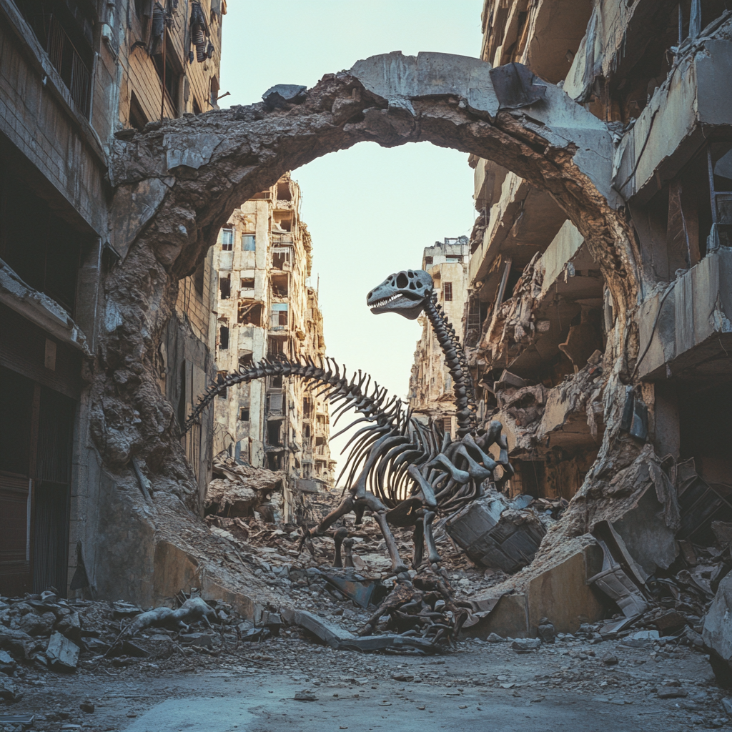 City alley with dinosaur bones, dodo skeleton, bombed building.