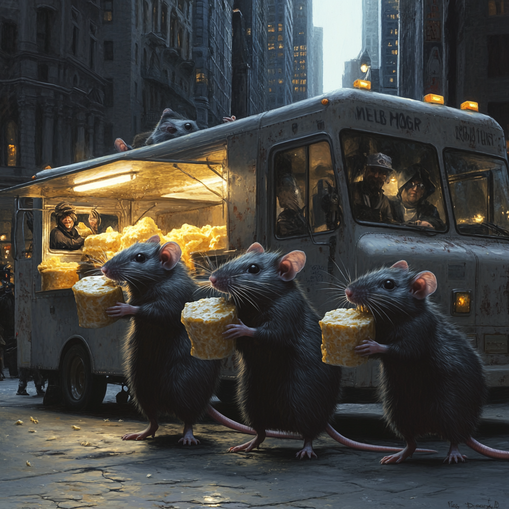 City food truck run by human-sized rats serving cheese.