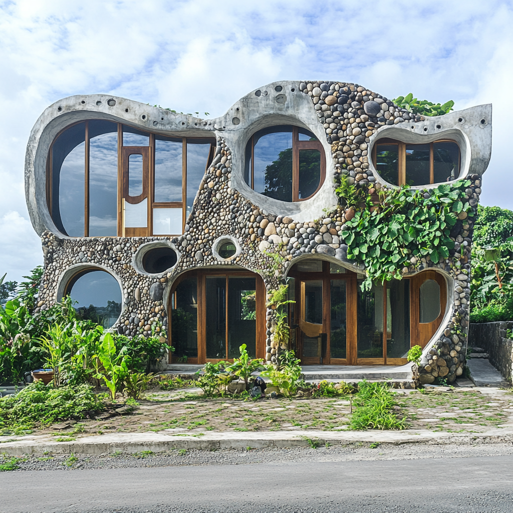 City house made from stone and hemp concrete. Garden and road in front.