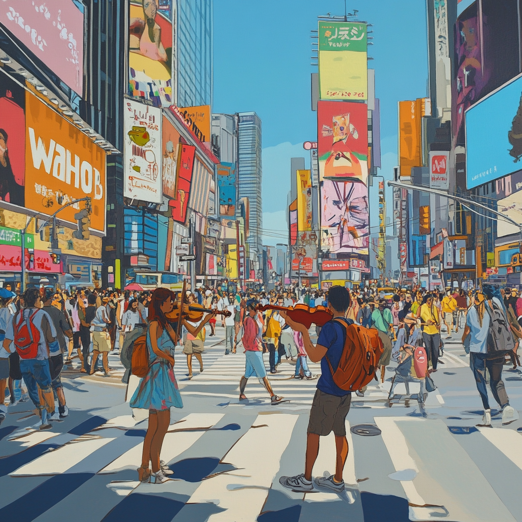 City intersection with crossing people, billboards, and violinist.