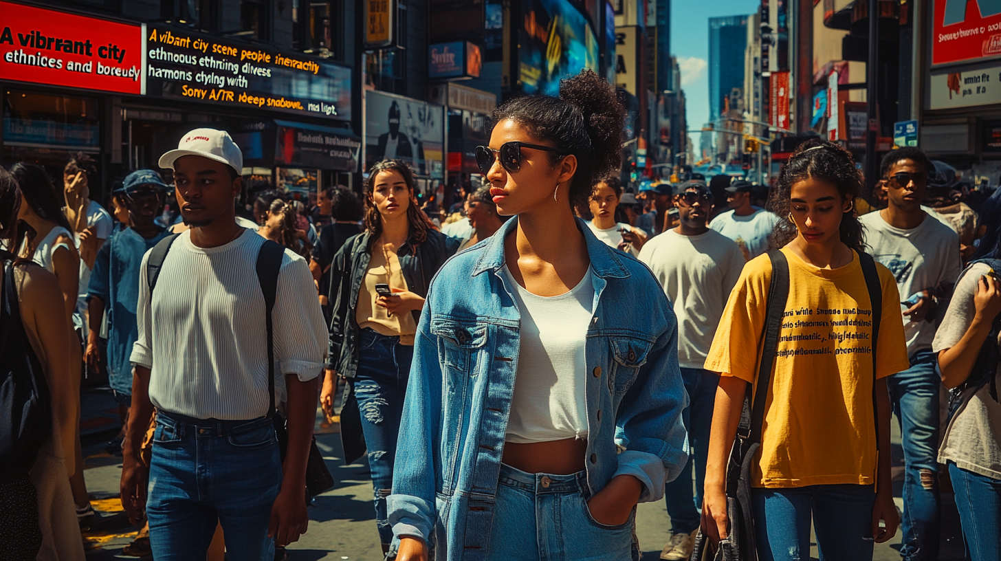 City scene with diverse people, fashion, cinematic lighting.